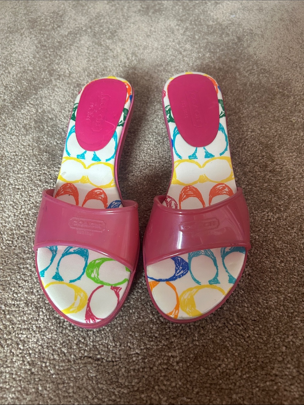 Coach Pink Jelly Slide Sandals with Multicolor Printed Footbed - Women's